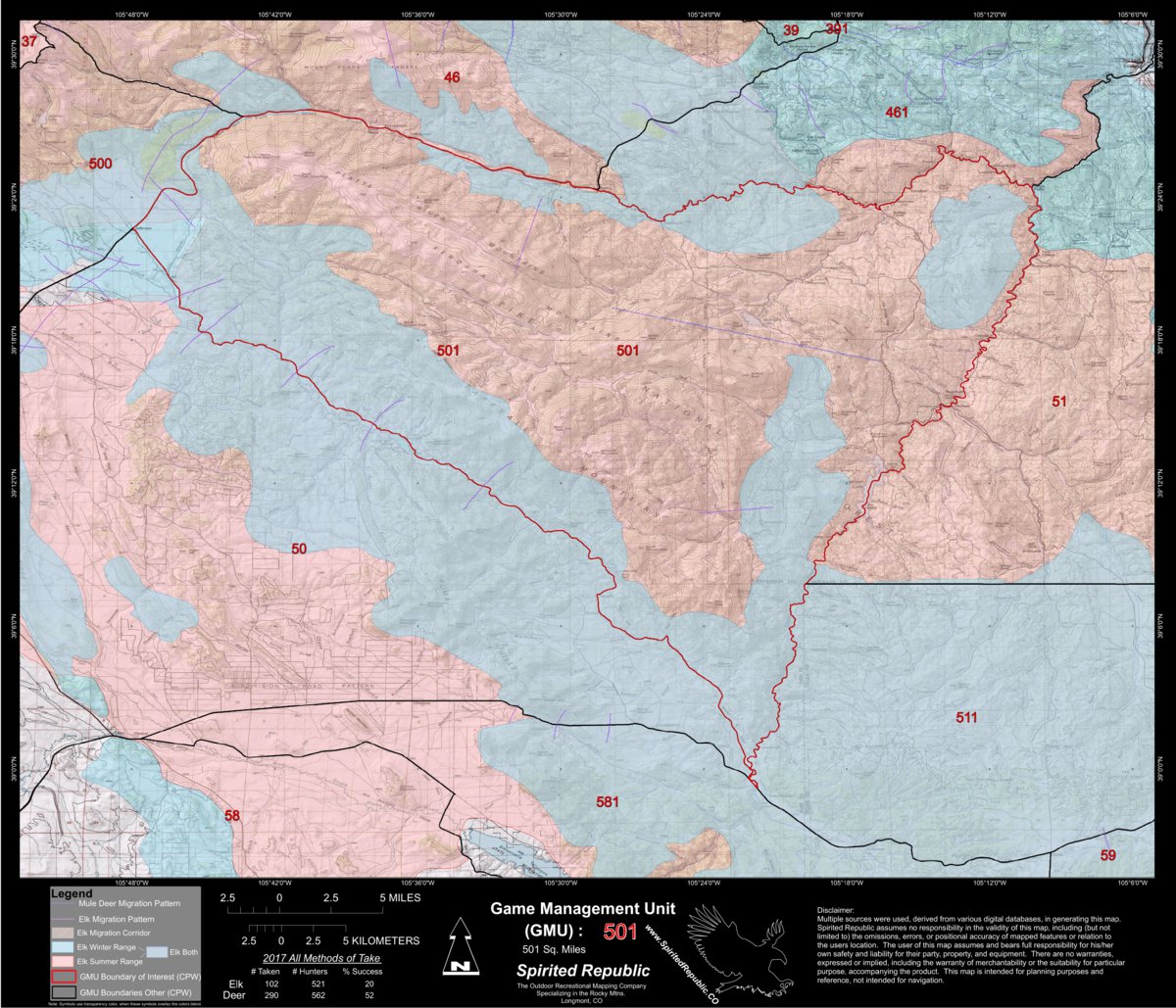 2018 GMU 501 Colorado Big Game (Elk/Mule Deer) Hunting Map (Habitat and ...