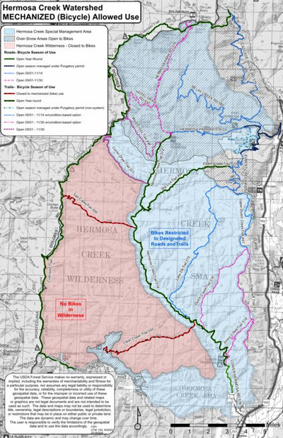 San Juan NF - Hermosa Creek Watershed - Bicycle Travel Map Preview 1