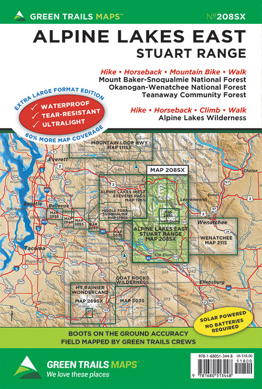 Stuart Range Map 208SX: Alpine Lakes East - Stuart Range, WA Map by Green Trails Maps ...