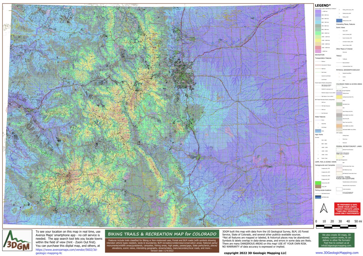 Colorado Activity Map Colorado Bicycling Trails and Recreation Map by 3D Geologic Mapping LLC ...