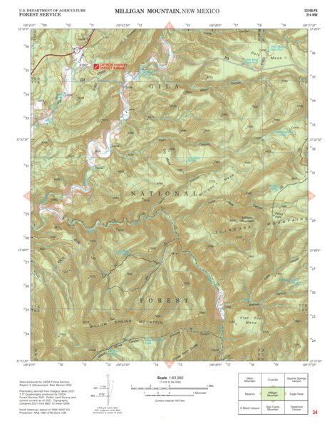 Gila National Forest Quadrangle Map: pg 34 Milligan Mountain Preview 1