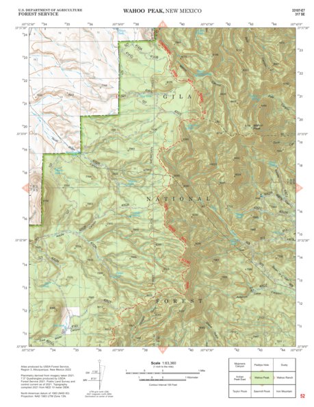 Gila National Forest Quadrangle Map: pg 52 Wahoo Peak Preview 1