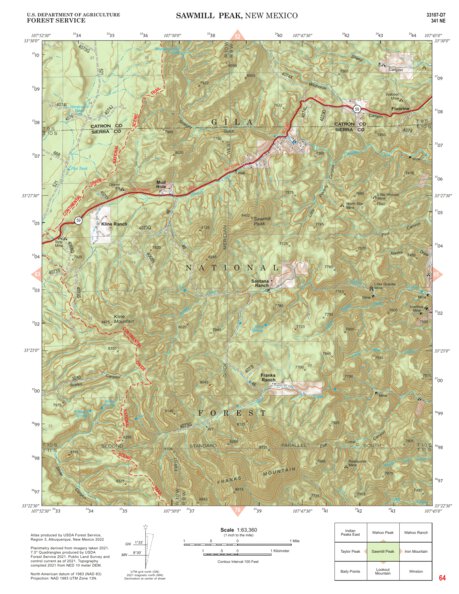 Gila National Forest Quadrangle Map: pg 64 Sawmill Peak Preview 1