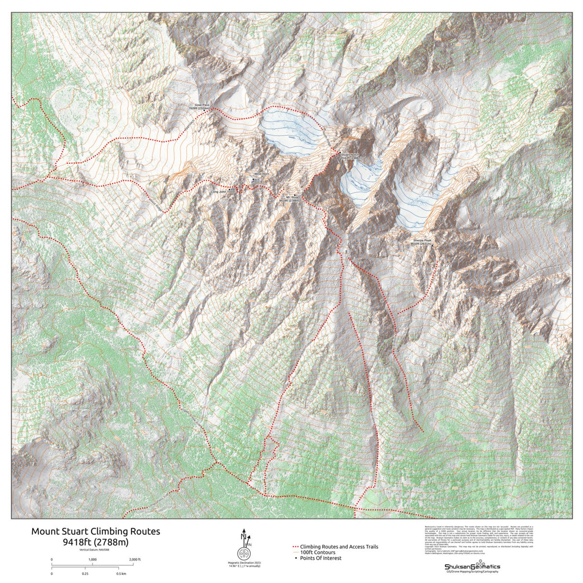 Stuart Range Map Mount Stuart Climbing Routes Map by Shuksan Geomatics | Avenza Maps