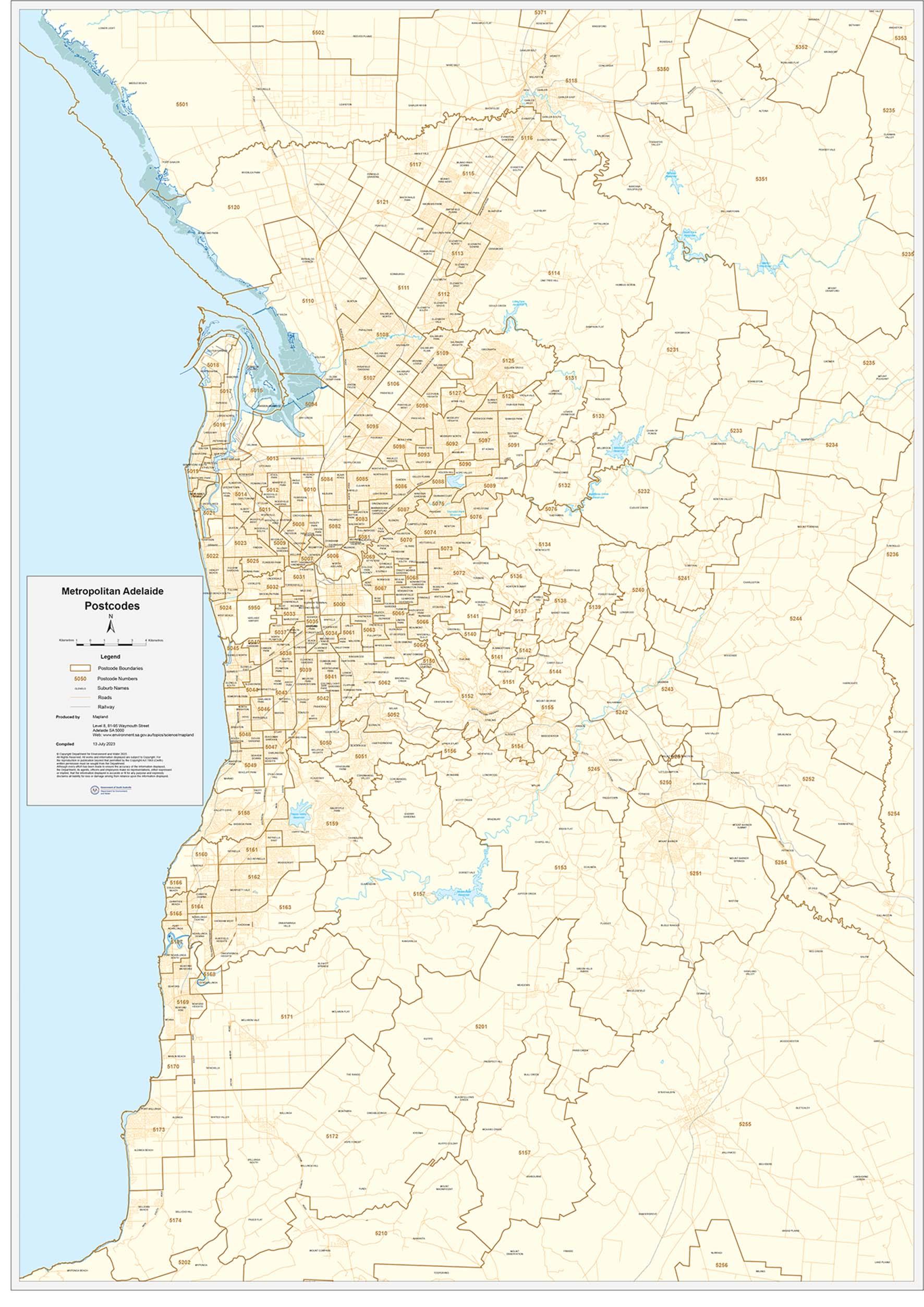 Adelaide Metro Postcode Map by Mapland - Department for Environment and ...