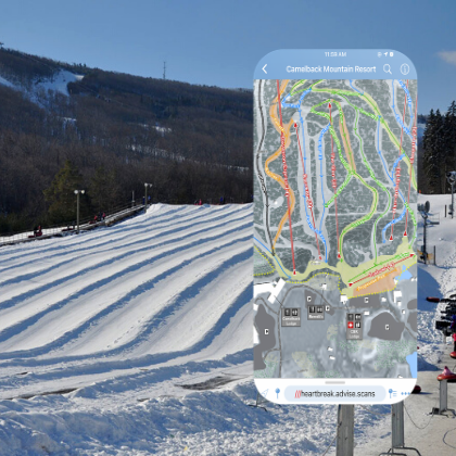Snowtubing hill with screen capture of the map in Avenza Maps app
