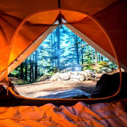 View of a campsite from inside a tent