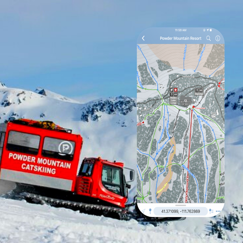 Powder Mountain Cat Skiing vehicle with screen capture of the map in Avenza Maps