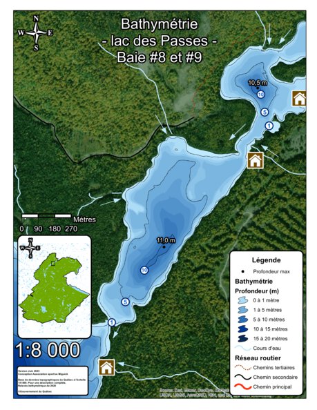 Association sportive Miguick Bathymétrie lac des Passes - Baie #8-9 - zec Rivière-Blanche digital map
