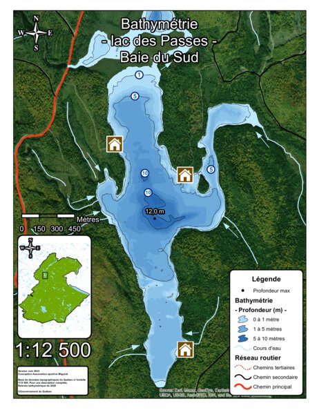 Association sportive Miguick Bathymétrie lac des Passes - Baie du Sud - zec Rivière-Blanche digital map