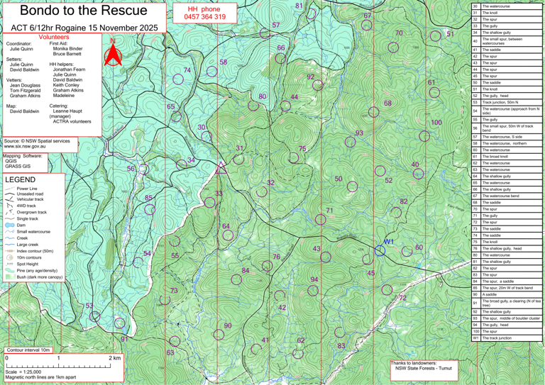 Rogaining Map 2025 ACT Spring 12 hour rogaine Bondo State Forest Map by Australian ...