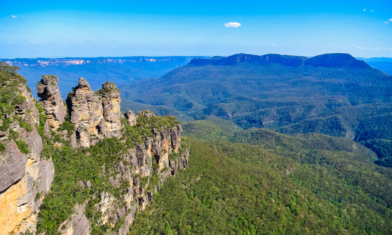 Views over famous Three Sisters landmark from Echo Point lookout in Blue Mountains National Park near Sydney, Australia 