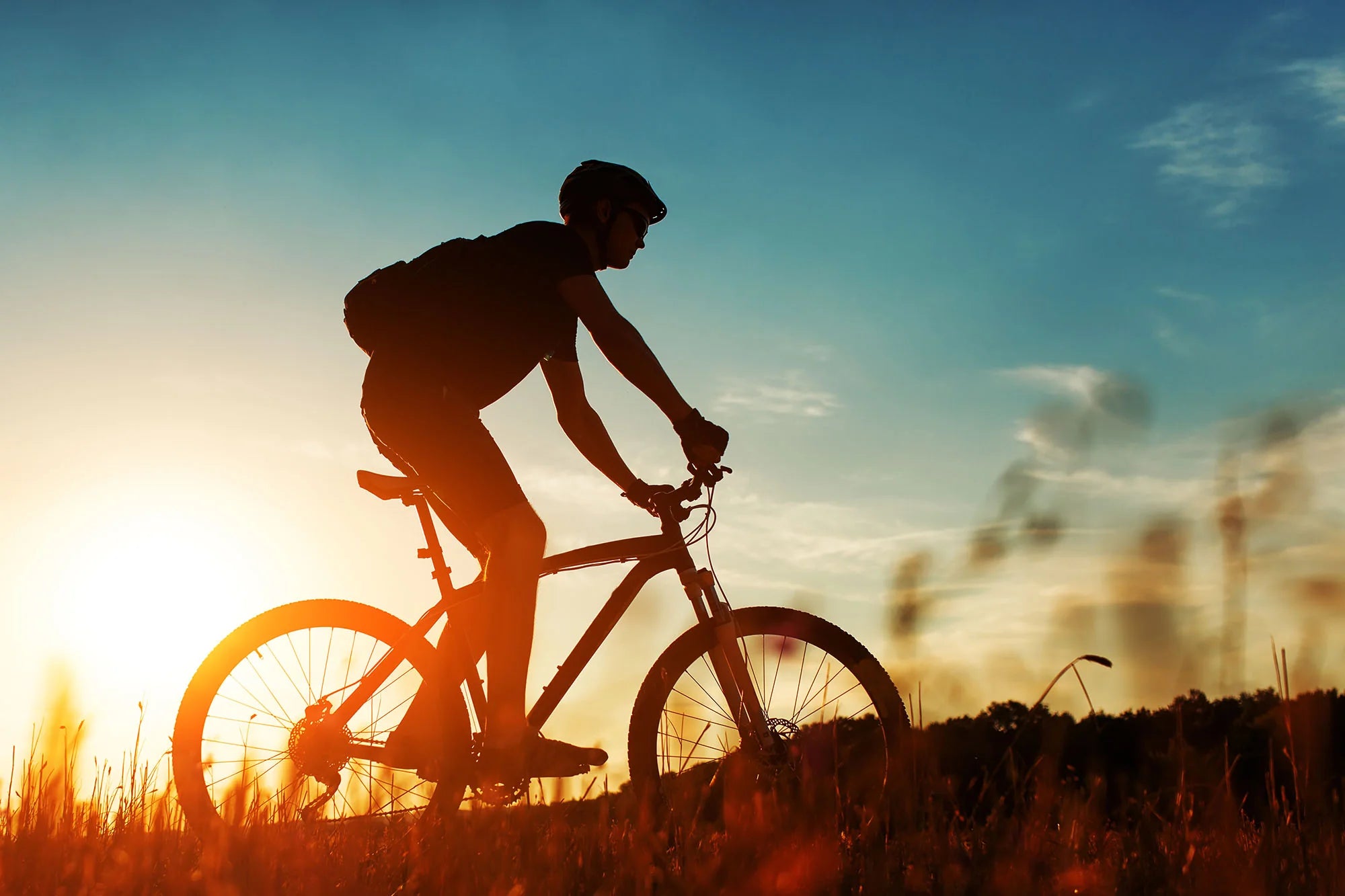 Man cycling through a field at sunset