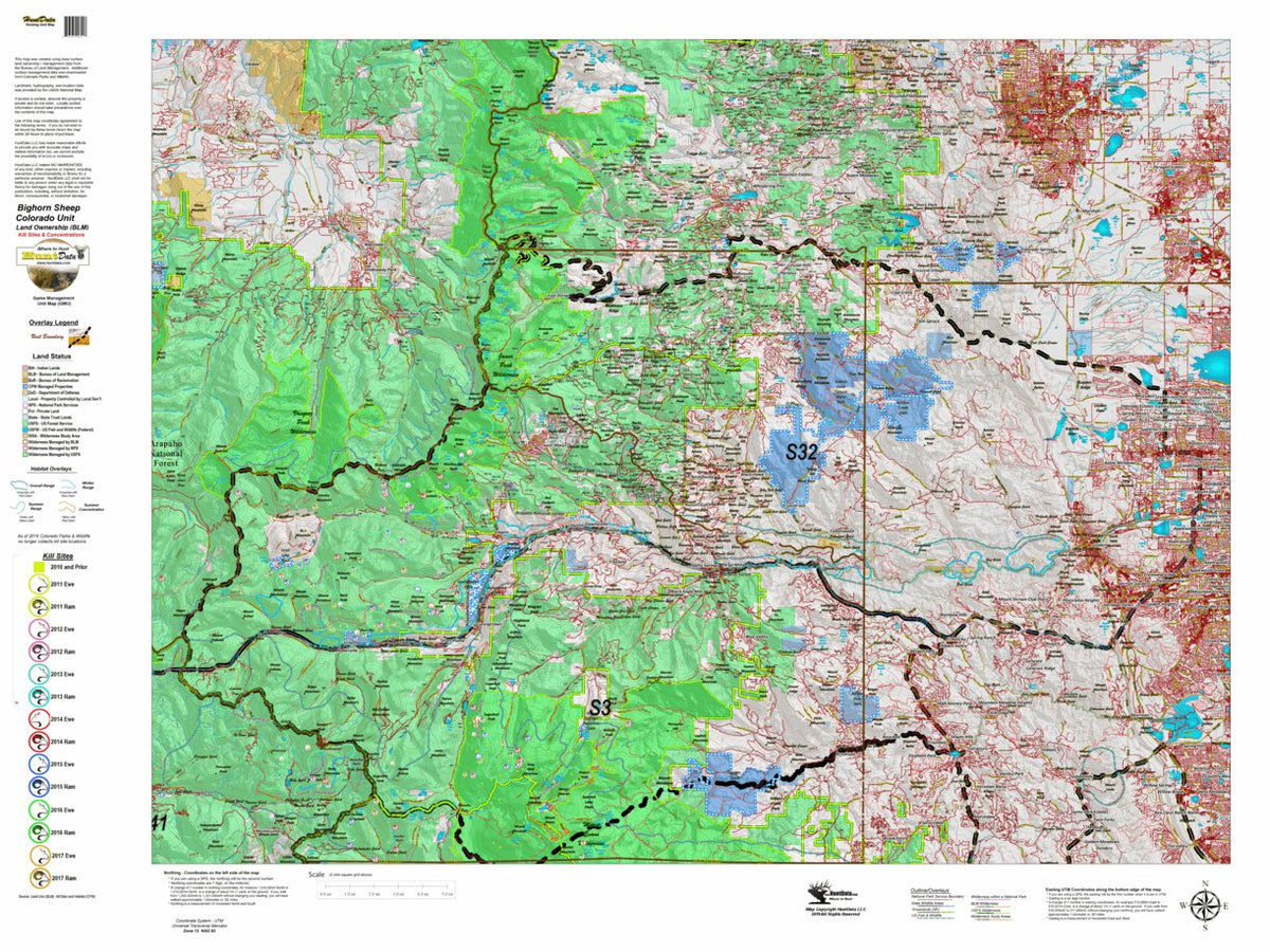 Co Bighorn Sheep Unit S32 Land Use, Kill Site, and Concentrations Map ...