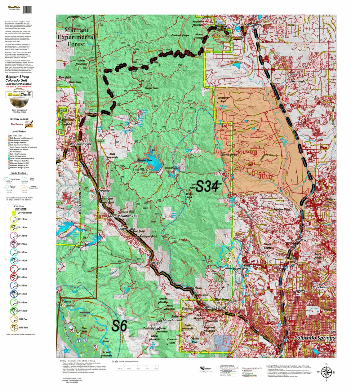 Co Bighorn Sheep Unit S34 Land Use, Kill Site, and Concentrations Map ...