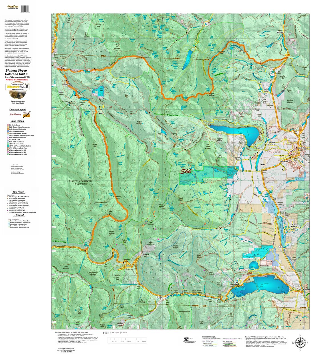 Co Bighorn Sheep Unit S66 Land Use, Kill Site, and Concentrations Map ...