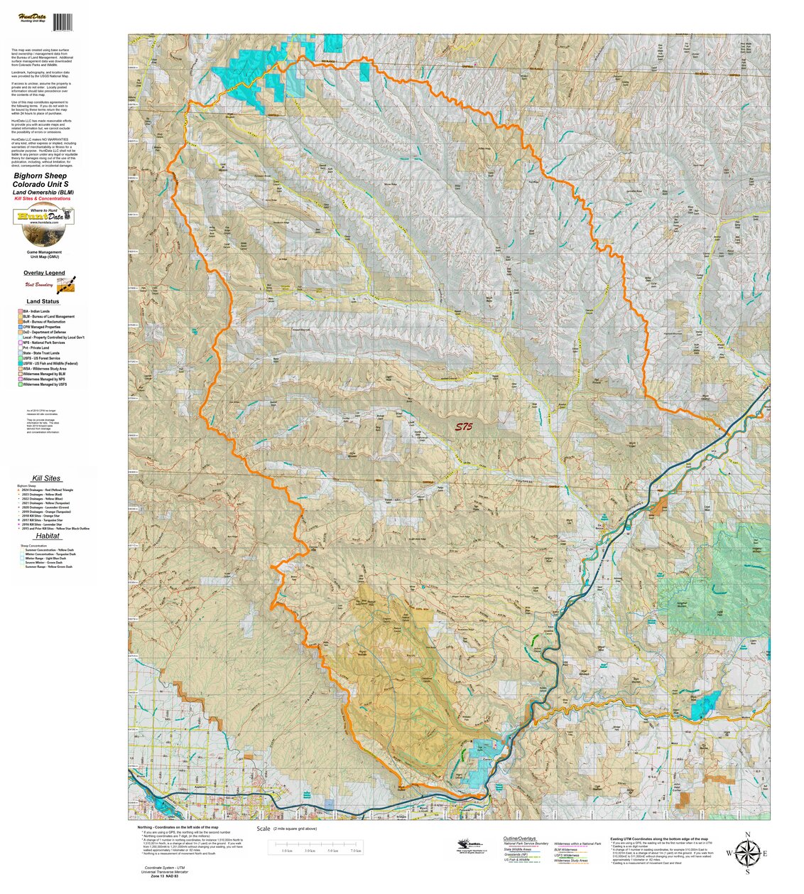 Co Bighorn Sheep Unit S75 Land Use, Kill Site, and Concentrations Map ...