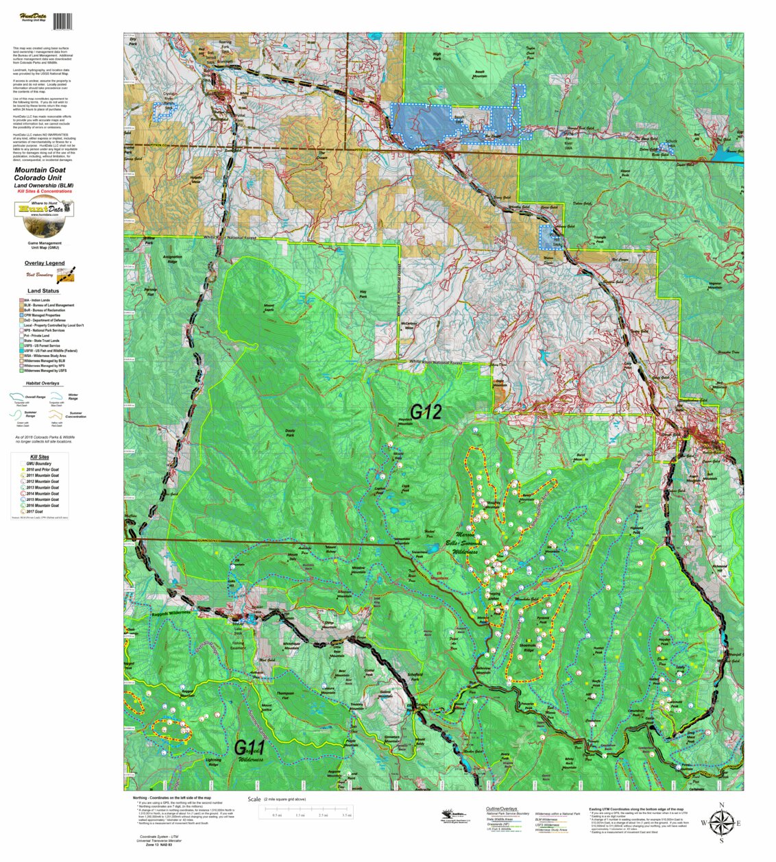 CO Mountain Goat Unit G12 Land Use, Kill Site, and Concentrations Map ...