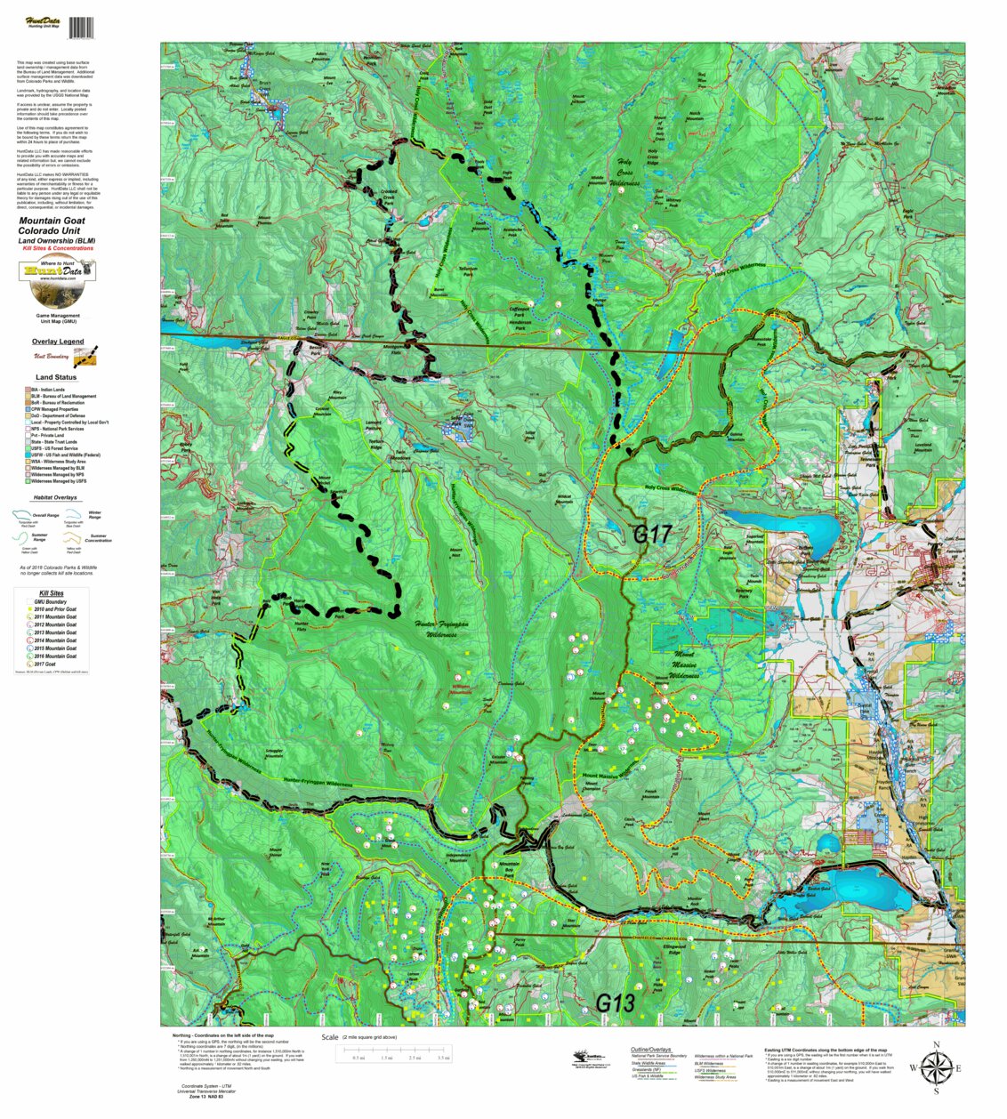 CO Mountain Goat Unit G17 Land Use, Kill Site, and Concentrations Map ...