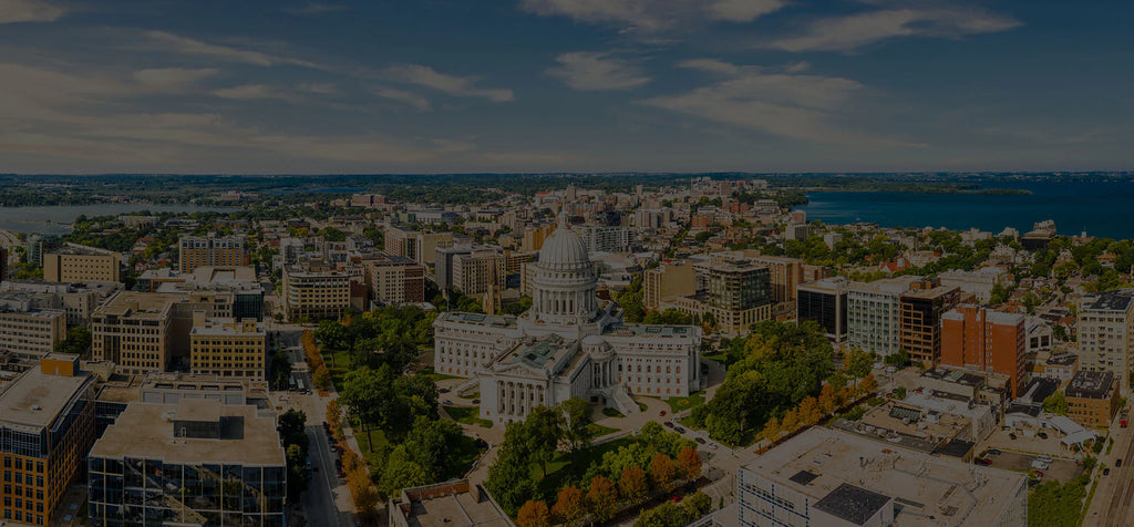 Overhead view of Wisconsin State Capitol and Madison skyline