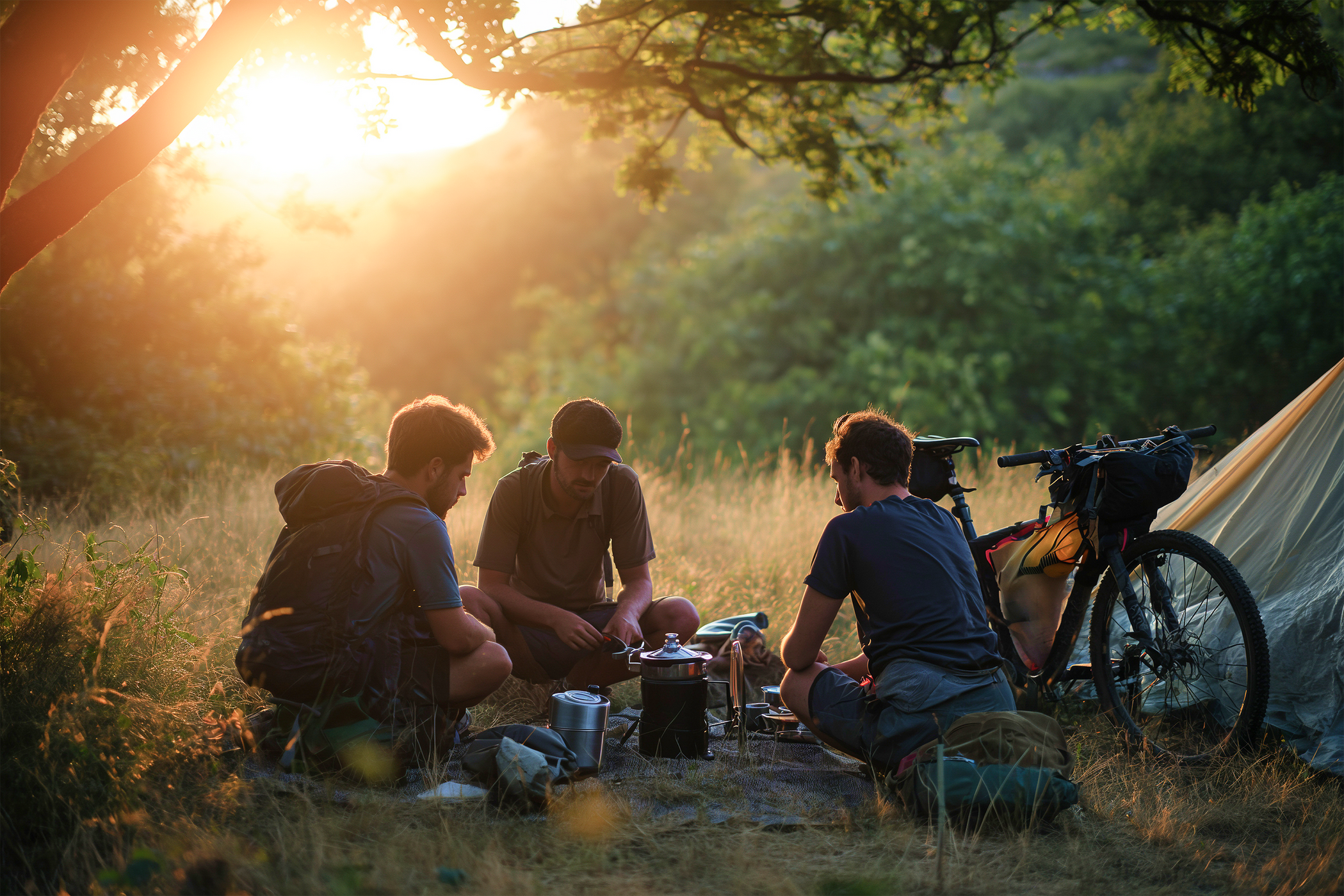 People sitting on the ground next to a tent and a bike