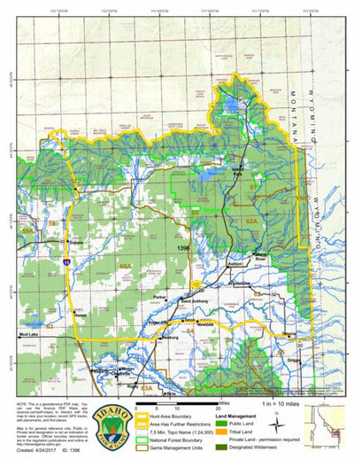 Idaho Department of Fish & Game General Season Hunt Areas - Elk - Units 60, 60A, 61, 62, and 62A (Exception) digital map