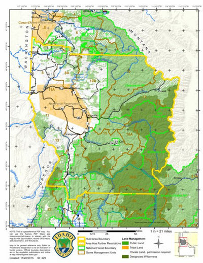 Idaho Department of Fish & Game General Season Hunt Areas - Furbearer - Clearwater, Idaho, Latah, Lewis and Nez Perce Counties digital map