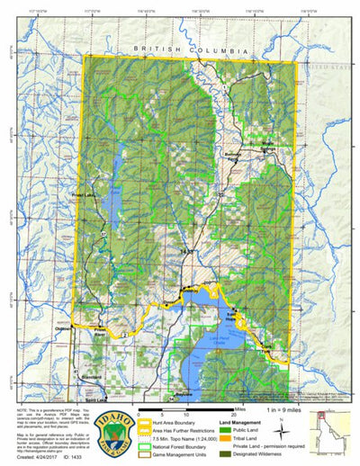 Idaho Department of Fish & Game General Season Hunt Areas - Wolf - Unit 1 private lands only digital map
