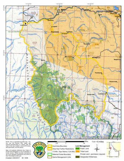 Idaho Department of Fish & Game General Season Hunt Areas - Wolf - Unit 11 private lands only digital map