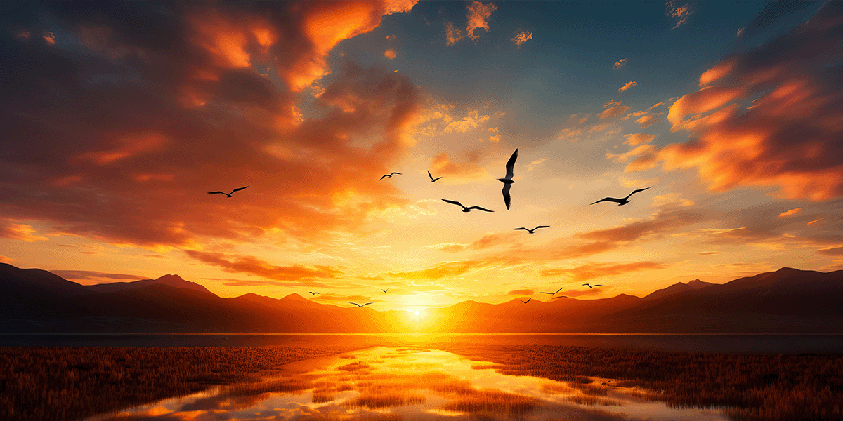 field at sunset with birds flying over