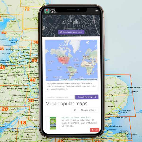 Avenza Map Store on iPhone with map in the background