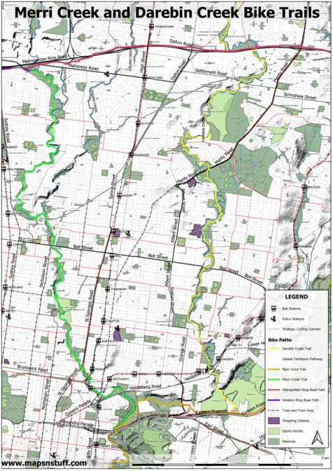 Merri Creek and Darebin Creek Bike Trails Map by mapsnstuff | Avenza Maps