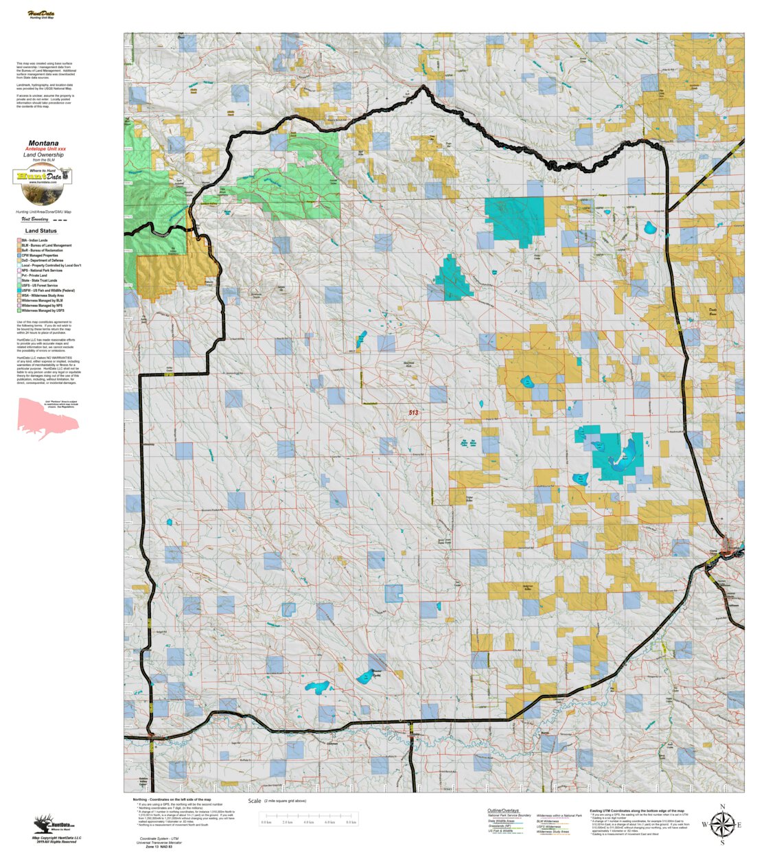 Montana Antelope Hunting District 513 Land Ownerhip Map by Montana ...