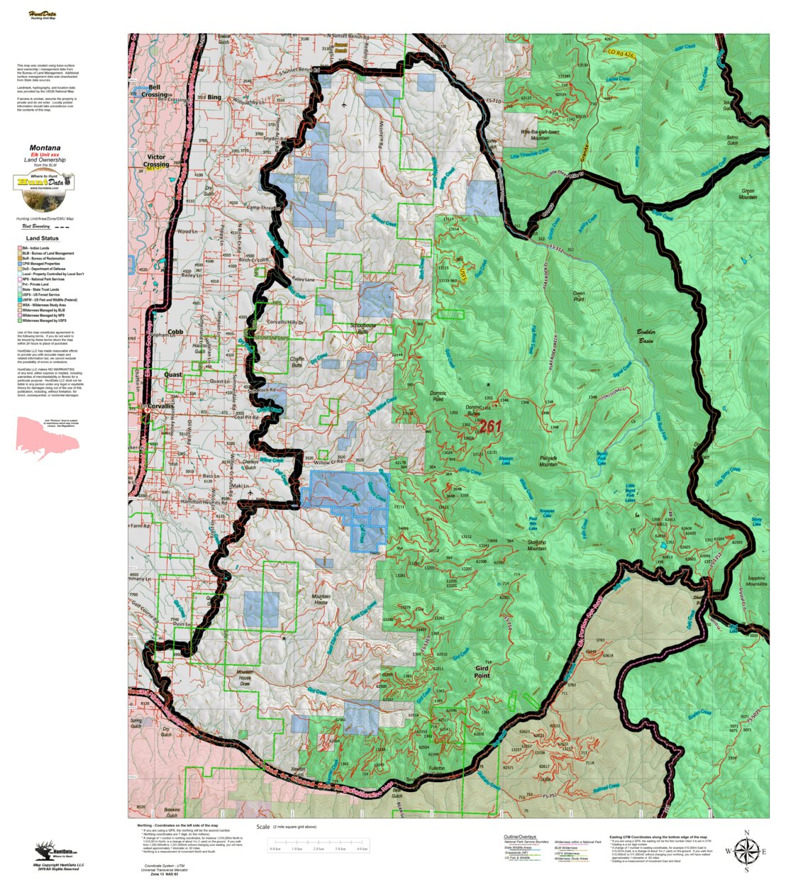 Montana Elk Hunting District 261 Land Ownerhip Map by Montana HuntData ...