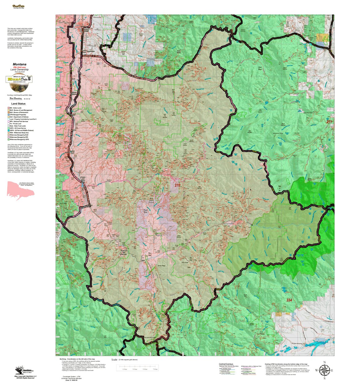 Montana Elk Hunting District 270 Land Ownerhip Map by Montana HuntData ...