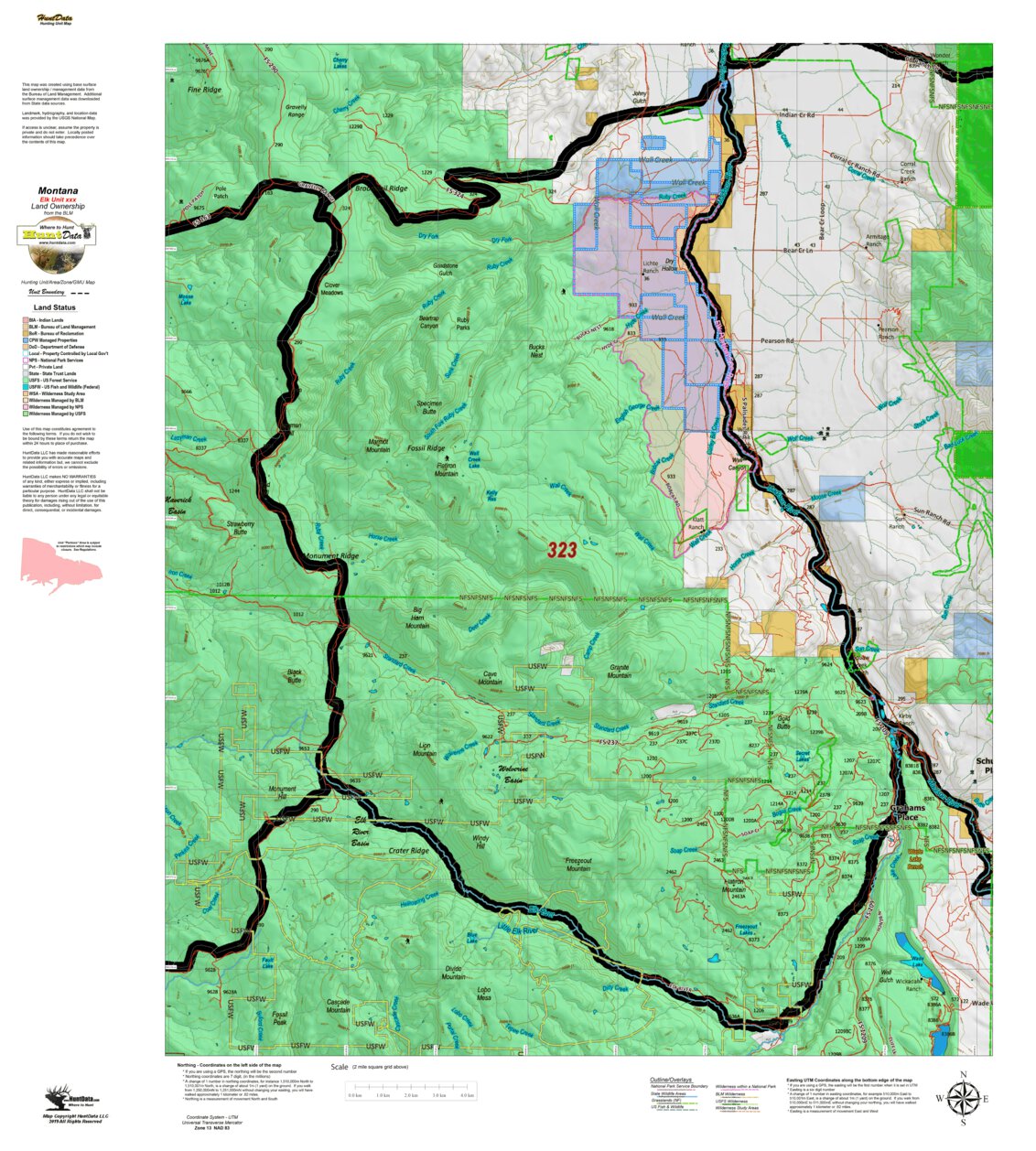 Montana Elk Hunting District 323 Land Ownerhip Map by Montana HuntData ...