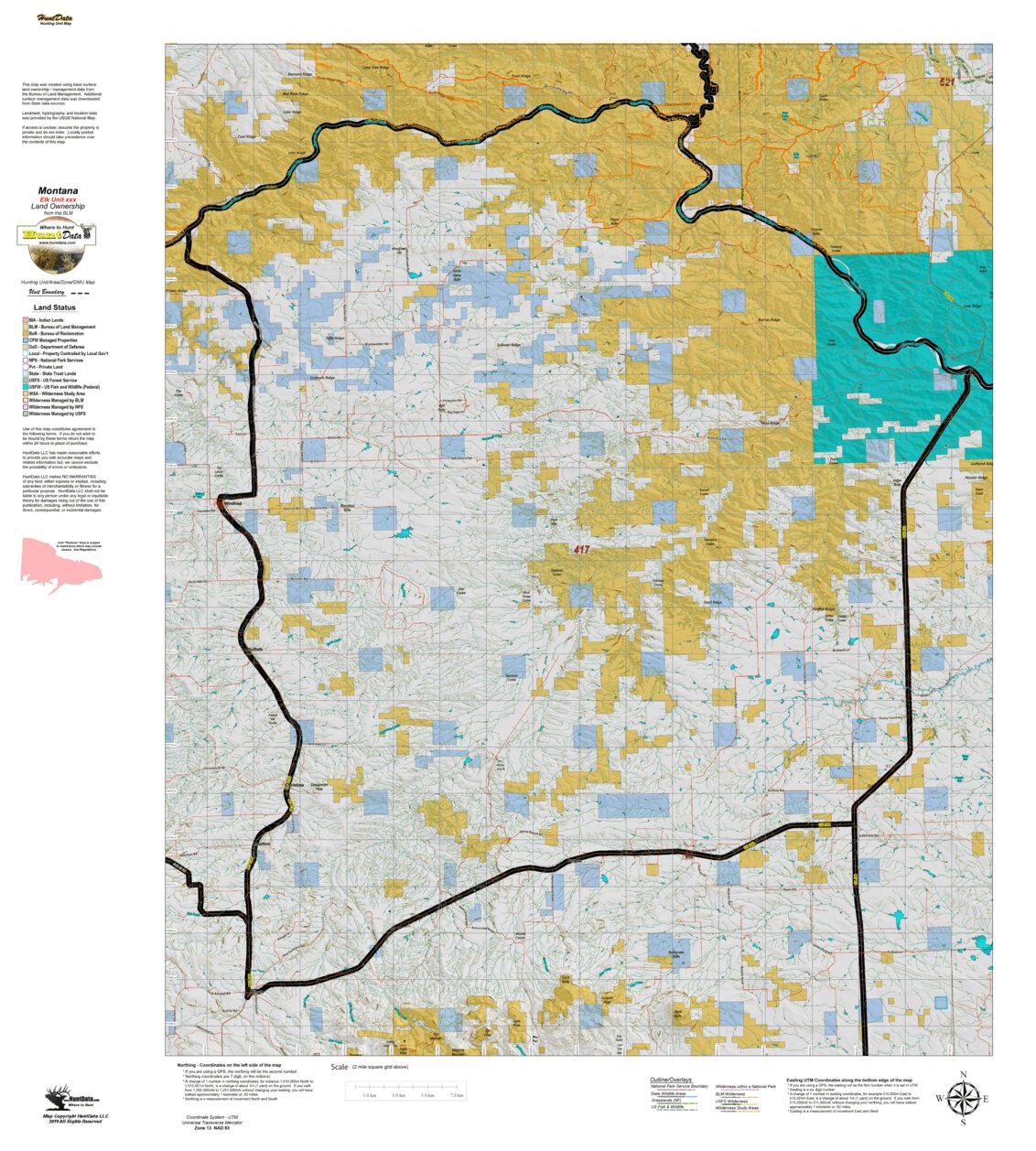Montana Elk Hunting District 417 Land Ownerhip Map by Montana HuntData ...