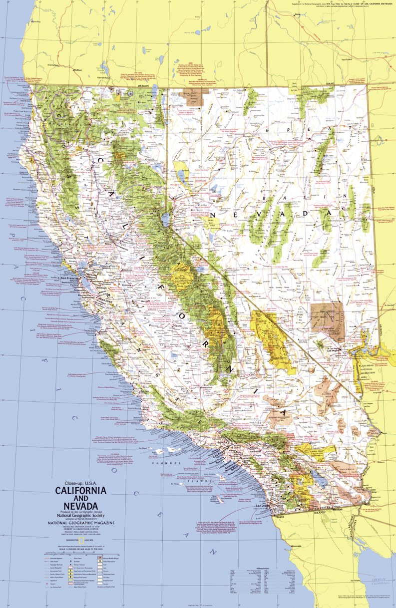 California & Nevada 1974 Map by National Geographic