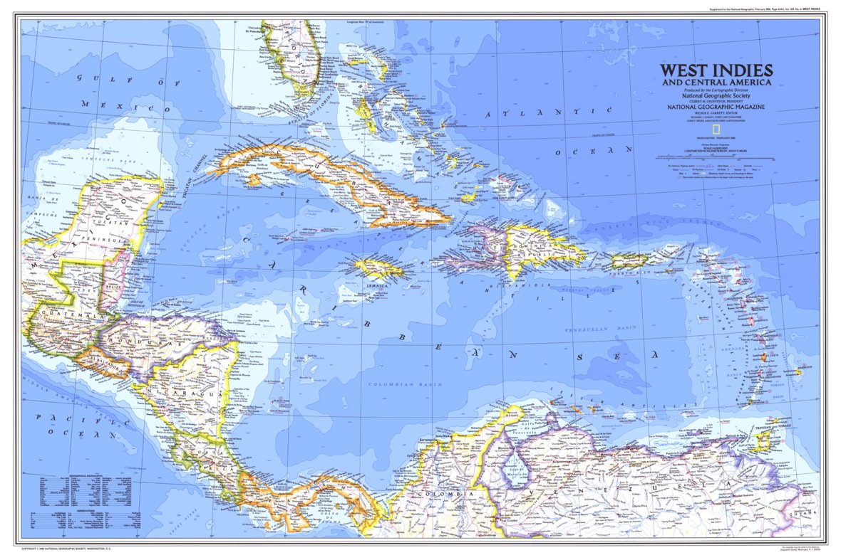 1981 Map West Indies & Central America 1981 Map by National Geographic | Avenza Maps