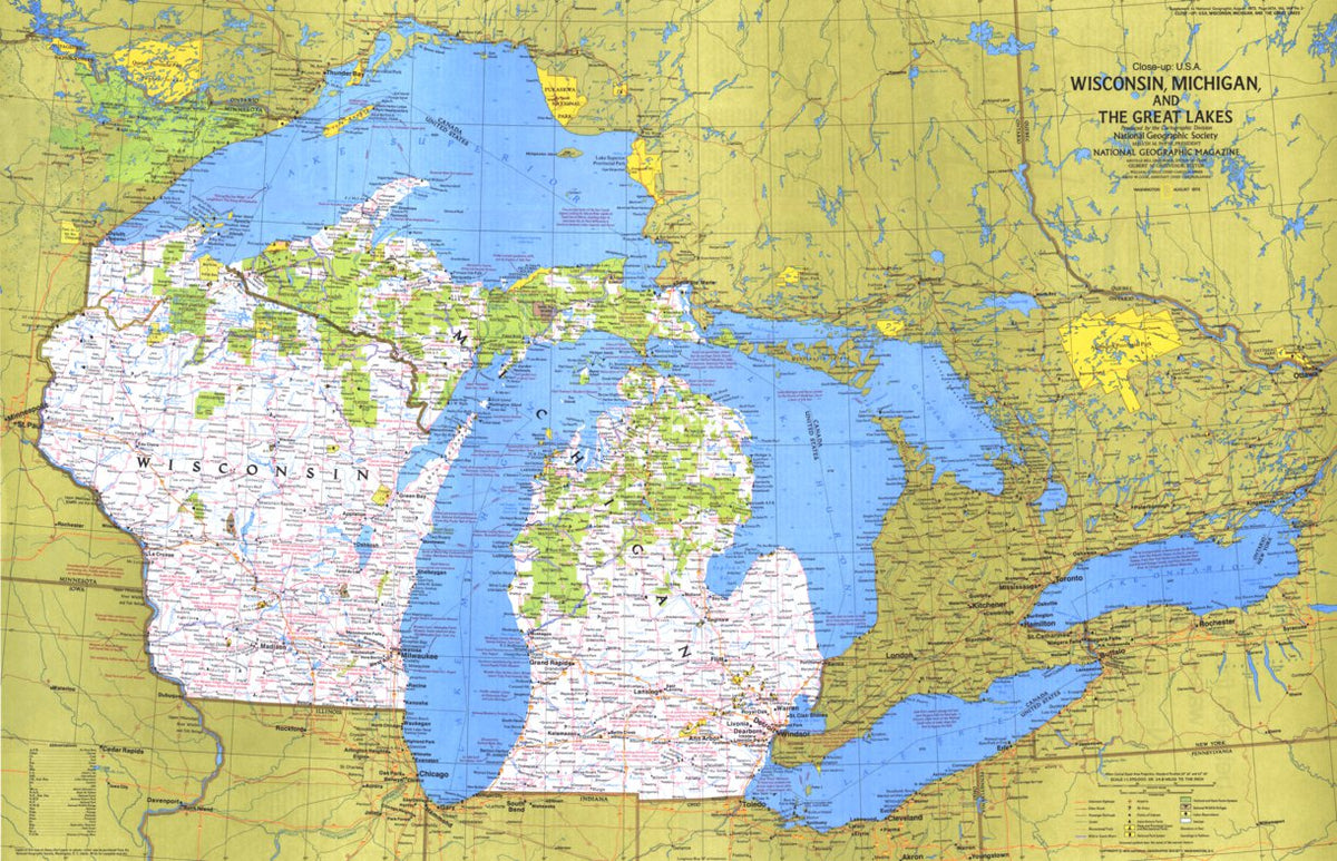 Wisconsin Michigan Area Wisconsin, Michigan, & The Great Lakes 1973 Map by National Geographic ...