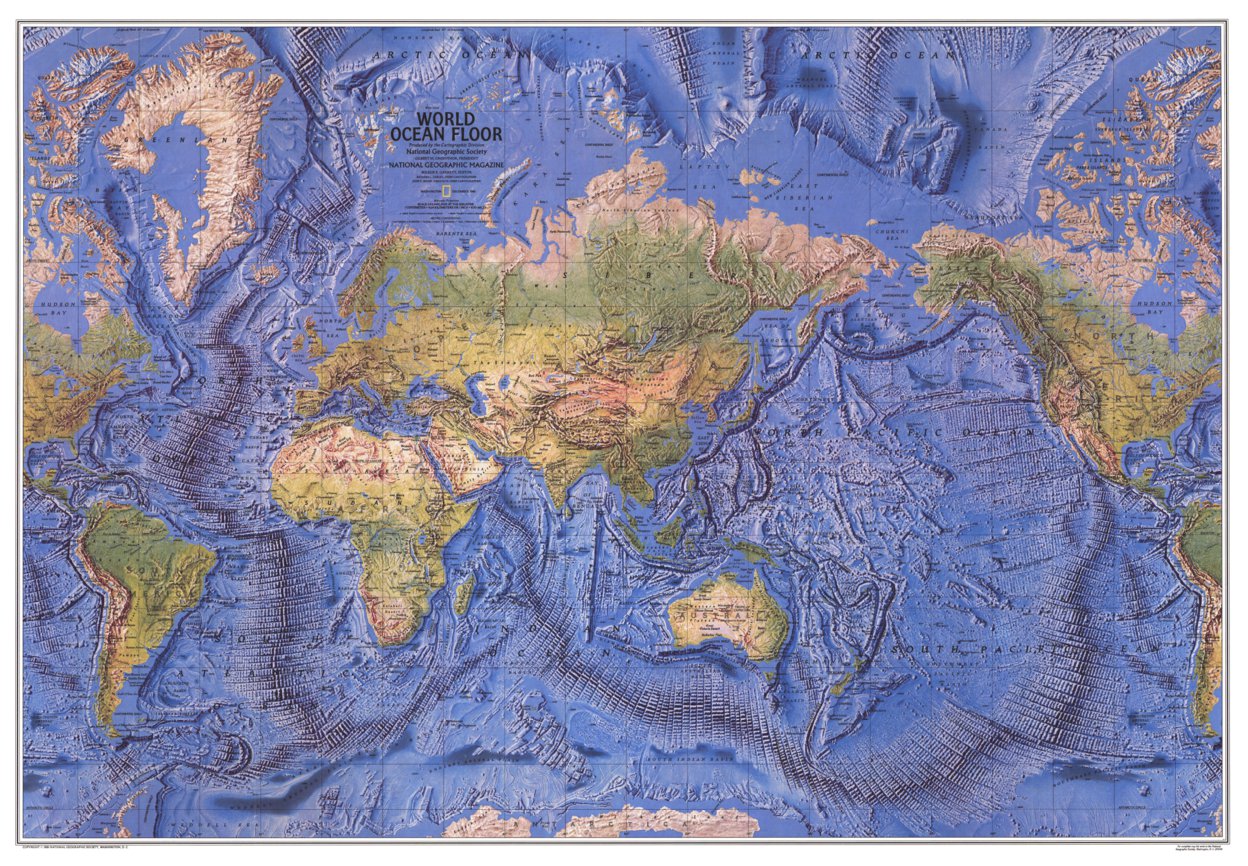 【世界海溝地図掛け軸】WORLD OCEAN FLOOR MAP ナショナル ジオグラフィック協会（NGS）ワンオフ世界海溝地図 英字 1981年製造 S56年