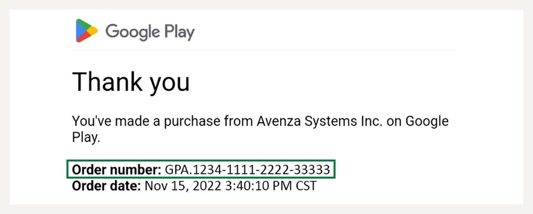 Screenshot of a Google Play order confirmation email, highlighting Order Number