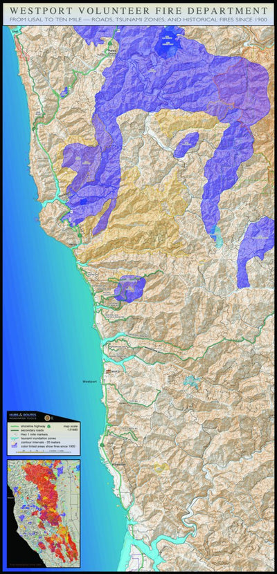 SocialGood Fund Hubs & Routes - Westport, California. Roads, tsunami zones and historical fires since 1900 digital map