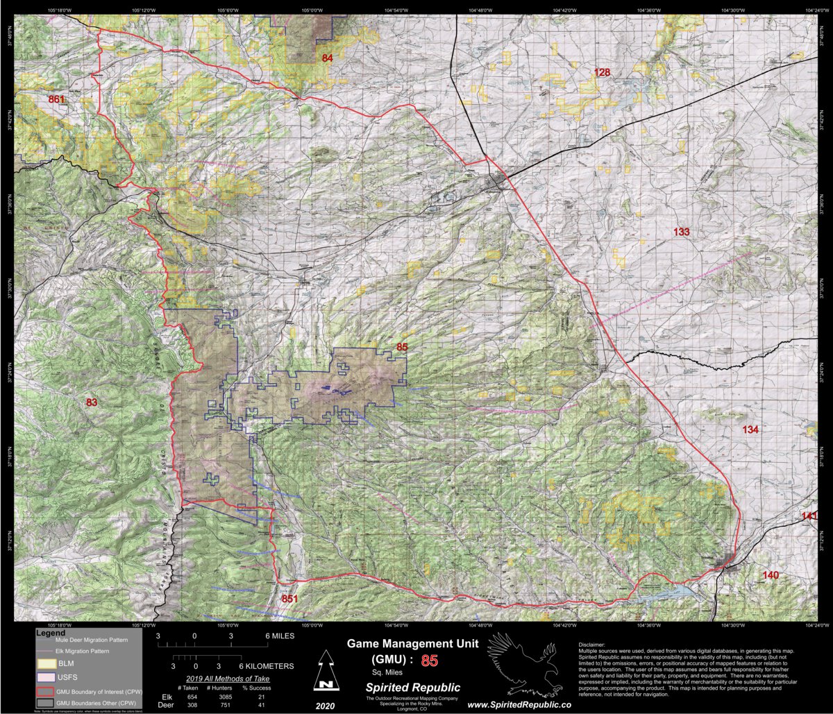 2020 Colorado Big Game Elk/Deer Topo Hunt Public Lands GMU 85 Map by