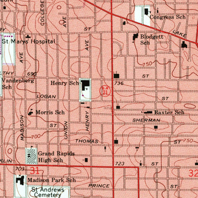 United States Geological Survey Grand Rapids West, MI (1967, 24000-Scale) digital map