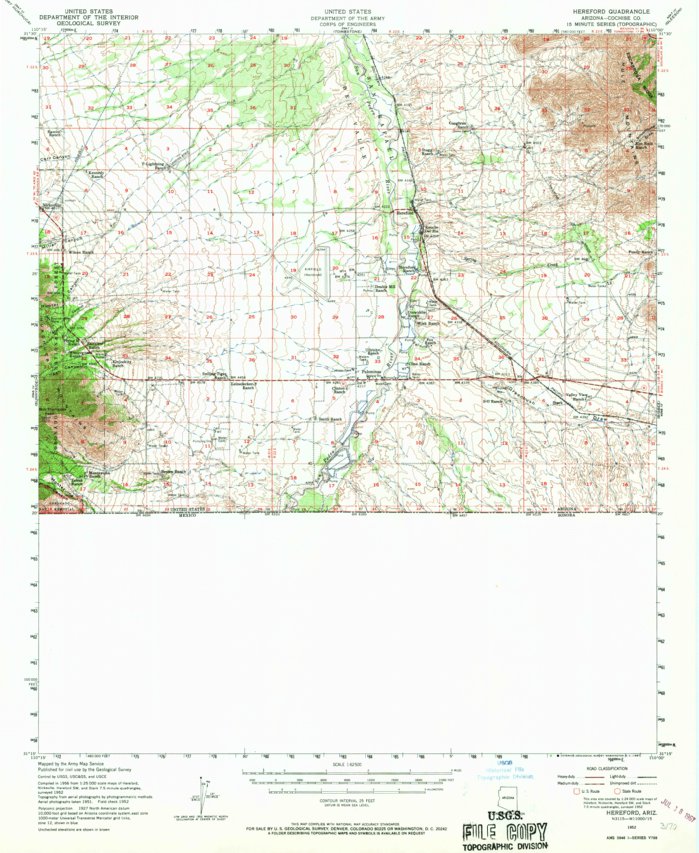 Hereford, AZ (1952, 62500-Scale) Map by United States Geological Survey ...