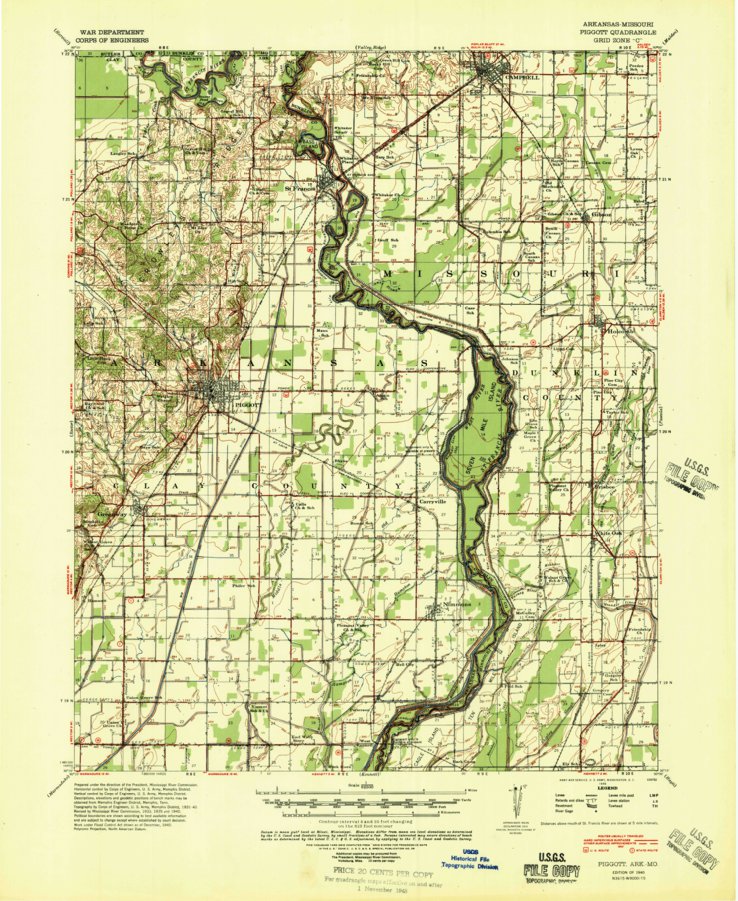Piggott, AR-MO (1940, 62500-Scale) Map by United States Geological
