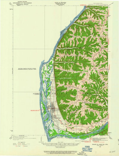 United States Geological Survey Prairie Uu Chien, WI-IA (1929, 62500-Scale) digital map