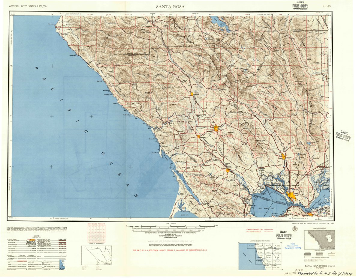 Santa Rosa, CA (1947, 250000-Scale) Map by United States Geological Survey  | Avenza Maps, image size:1186x927