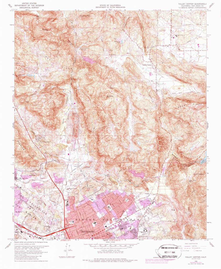 92082 Map Valley Center, CA (1968, 24000-Scale) Map by United States Geological ...